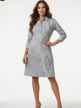 Gretchen Scott Designs Grey Patterned Long-Sleeve Collared Dress( SIZE: Med)